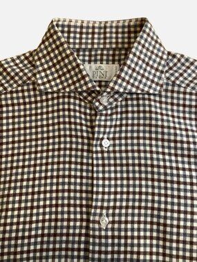 Pini Parma Brown Grey Gingham Cotton Flannel Shirt Tailored Fit 15 38